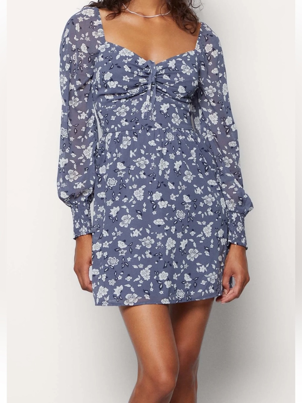 Hollister California Women's Navy Floral Tie-Front Long Sleeve Mini Dress XS
